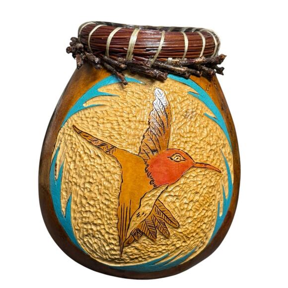 Vintage‎ Hand Carved Painted Gourd 6.5" Vase Hummingbird Signed Folk Art Decor - Picture 1 of 11